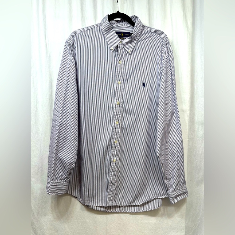 Ralph Lauren Custom Fit Shirt Mens 17 1/2 34/35 Button Down Striped White Purple